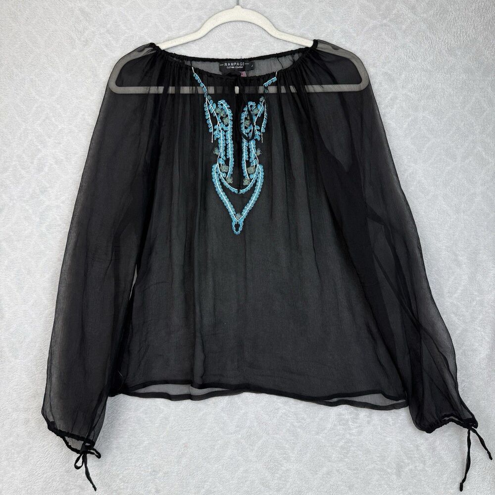 Vtg Rampage 100% Silk Peasant Top Womens Large Black Sheer Embroidered Boho Y2K